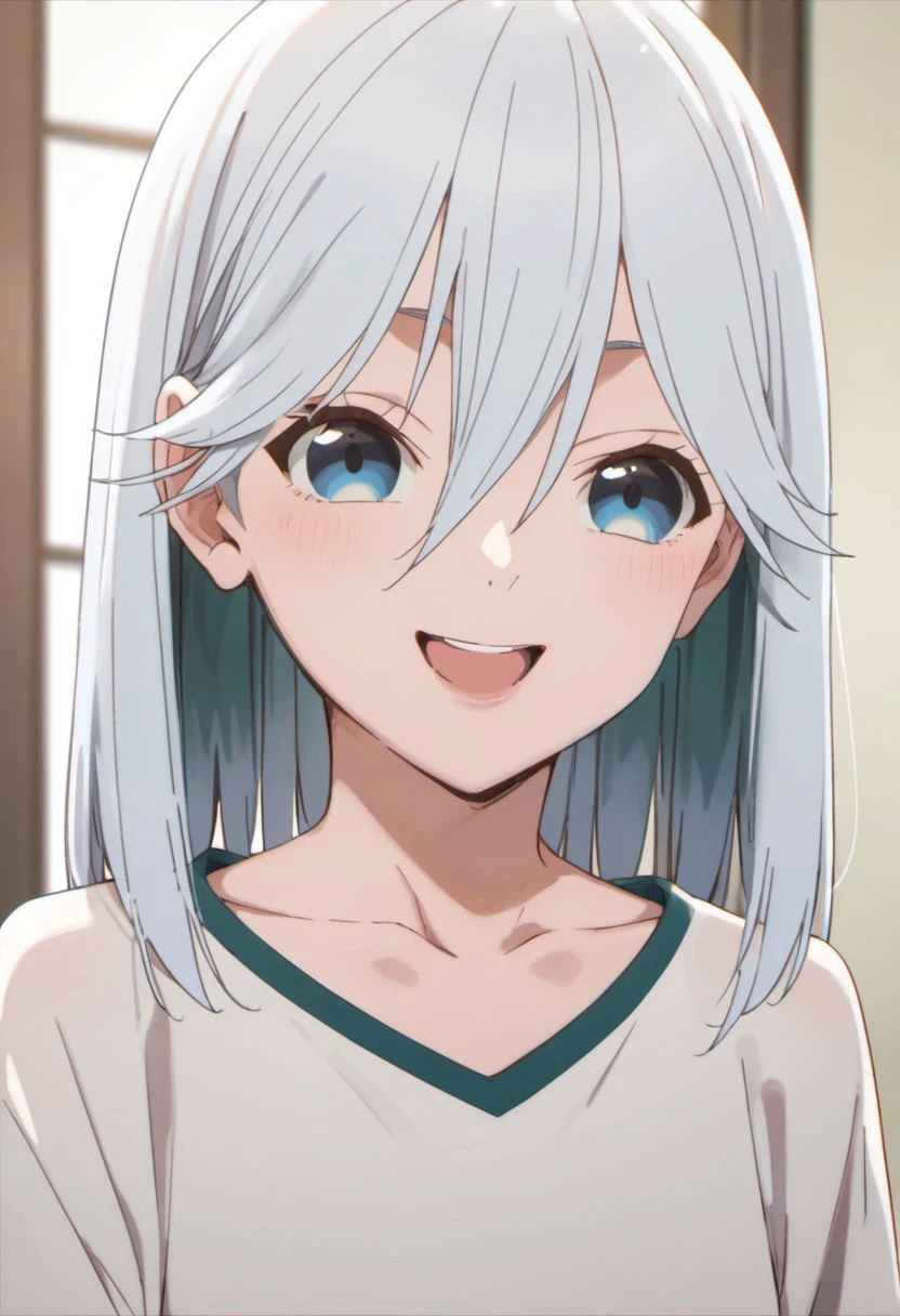 score_9, score_8_up, score_7_up, source_anime,asahi amagami, blue-white hair, blue eyes, 1girl, solo, smile, open mouth, hair between eyes, long hair, collarbone