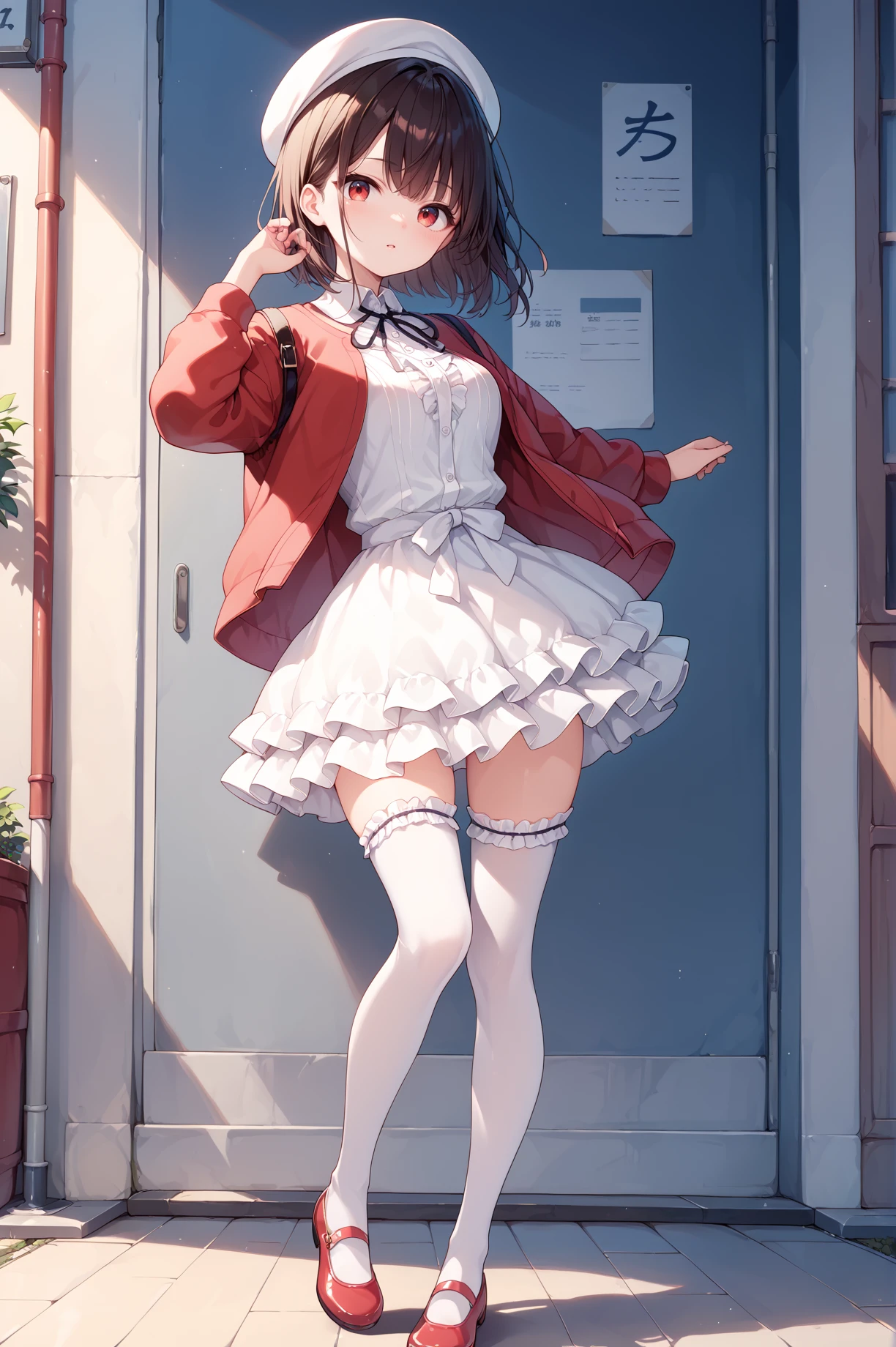 score_9, score_8_up, score_7_up, score_6_up, score_5_up, score_4_up,anime,
  katouclothes, white headwear,beret, red jacket, jacket, frilled white thighhighs, neck ribbon, frilled skirt,  mary janes, red footwear, <lora:katouclothesXLPony:1>