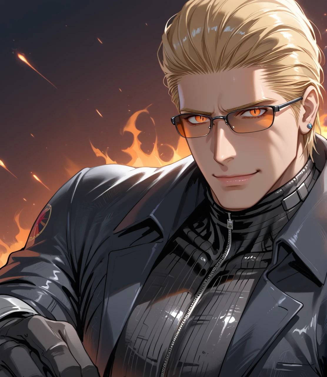 PonyScores7, source_anime, ah1, <lora:Cassis_Style:1>, BREAK <lora:albertwesker-guy-PONYv1:0.8> albertwesker, albert wesker, 1boy, blonde, black gloves, (sunglasses:1.3), belt, black coat, black pants, looking at viewer, toned, athletic, fit, slicked back hair, black turtleneck, zipper, mature male, short hair, black boots, (sinister cultist, hooded figure with a dark chant and a sacrificial dagger), (Duel between knight and barbarian,), ((happy, wide smile, raised cheeks, piercing gaze, looking to the right expression)), (focused, intense glare, apatethic, contemptuous), (reddish orange eyes, slit pupils), (angular face, sharp_featured face), handsome, charming, alluring, BREAK <lora:xl_more_art-full_v1:0.2>, <lora:shinyskin2:0.2> glistening skin, <lora:aesthetic_anime_v1s:0.2>, <lora:Expressive_H:0.2> Expressiveh, <lora:hairdetailpxl:0.2> hairdetailpxl, <lora:EpicF4nta5yXL:0.2>, <lora:detailxl:0.2> detailxl, <lora:Fant5yP0ny:0.2>, best quality, amazing quality, best aesthetic, absurdres, <lora:expressive eyes:0.2> expressive eyes, <lora:eyedetailpxl:0.2> eyedetailpxl, illustration, Volumetric_Lighting, ultra-detailed, very aesthetic, intricate details, 8k, masterpiece, best_quality, BREAK (High Angle (from the side) view Close shot (focus on feet)), BREAK <lora:Eyes_High_Definition:0.3> EyesHD, Stable_Yogis_PDXL_Positives, AS-Adult, <lora:Complicated fantasy portrait - XL Pony V2.0:0.4>, bad-hands-5, AS-MidAged,