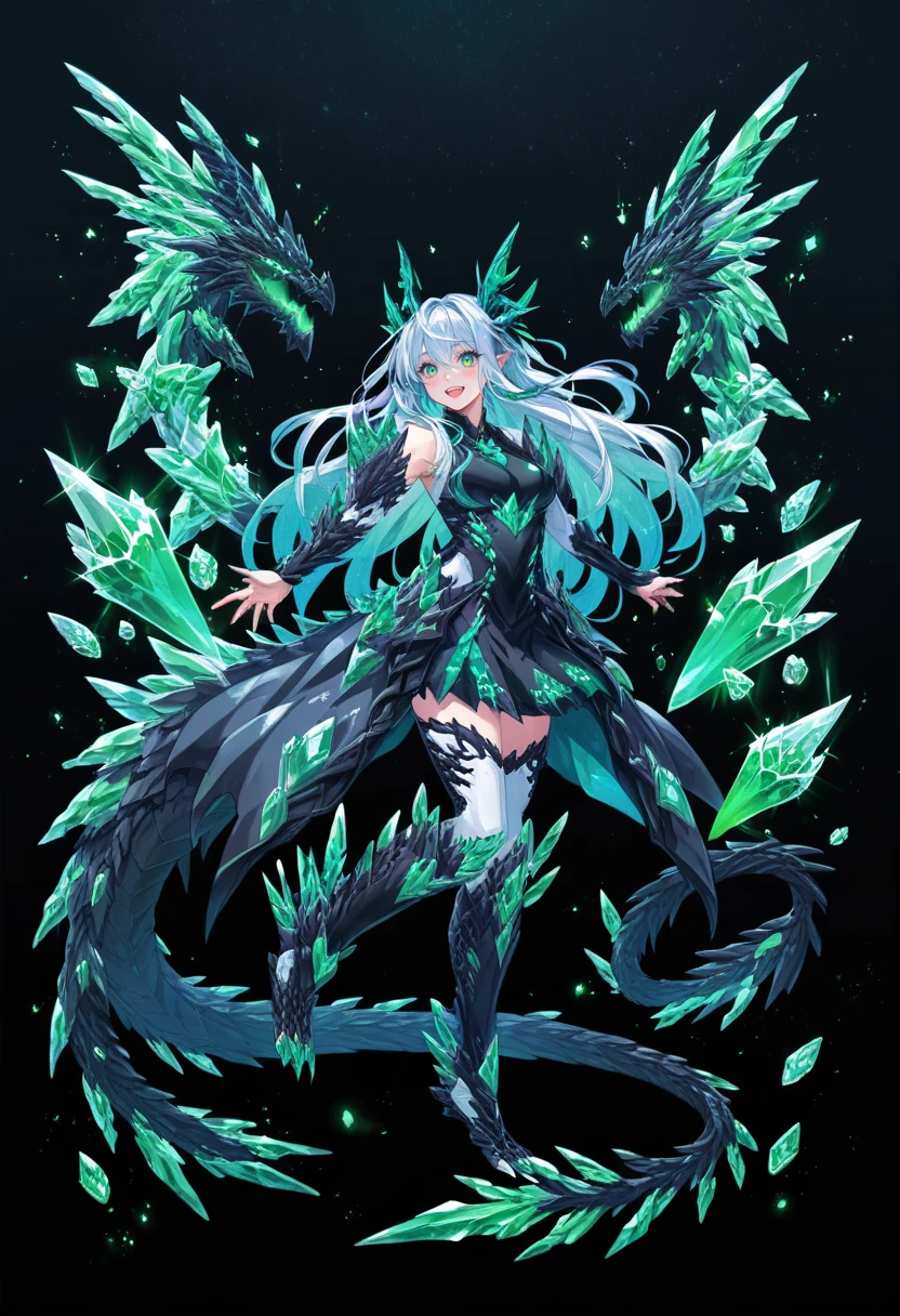 score_9, score_8_up, score_7_up, 1girl, long hair, dragon girl, crystal dragon girl, black dragon tail, black dragon scales, black dragon horns, glowing runes, magic,cute face, Glowing Runes,starry night, detailed background, dark background, nsfw,armor, clothed, full body suit,pants, boot,   skirt, 
,green crystals,full body <lora:futtora-01:0.7>