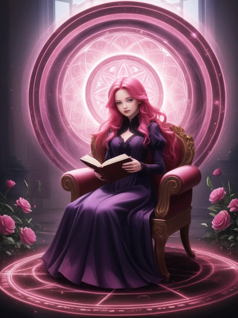 Solo, 2.5d, highly detailed, intricate, beautiful aesthetic, anime artwork,
vibrant, extreme contrast, raytracing, dark colors, edgy, gothic,
magic circle,
starfire, reddish pink hair, long hair, purple long dress with golden details, rocking chair, reading a book, flower garden, falling flowers,
expressive,