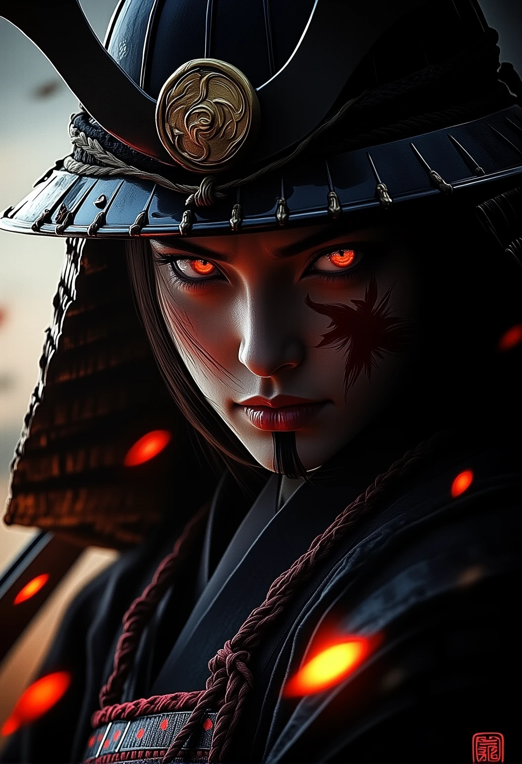 . A close-up of a female Samurai showing the intricate details of the samurai armor with delicate fabric patterns on the kimono and flickering torchlight., <lora:bv-crimson-ronin-style-v1.safetensors:1.0:1.0>