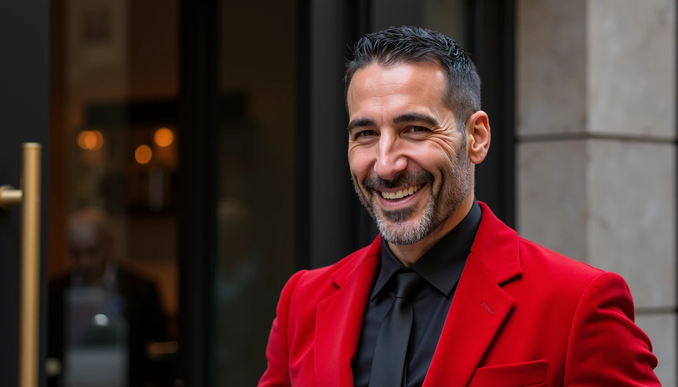 the actor Miguel Angel Silvestre smiles dressed completely in red and black tie in front of the CivitAI headquarters