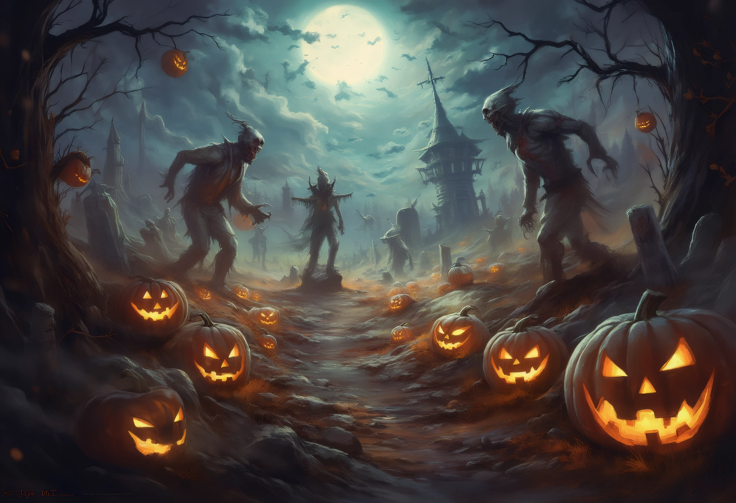 halloweenlandscape, zombies rising from the grave