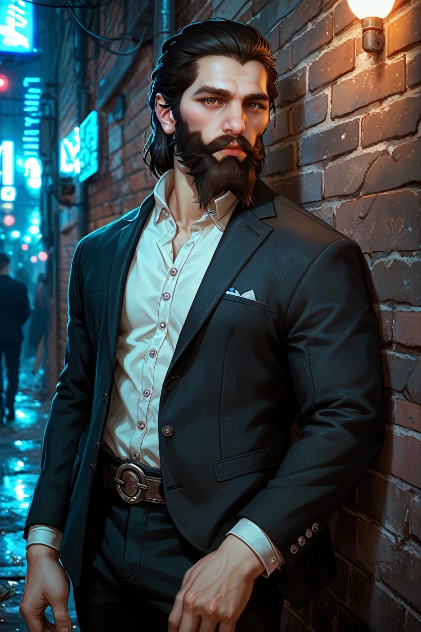 score_9, score_8_up, score_7_up,
<lora:DAIBlackwall:0.8>
DAIBlackwall, 1boy, brown eyes, black hair, beard, looking at viewer, In a dimly lit urban alley, tailored black suit, ambient neon lights casting shadows, leaning confidently against a brick wall