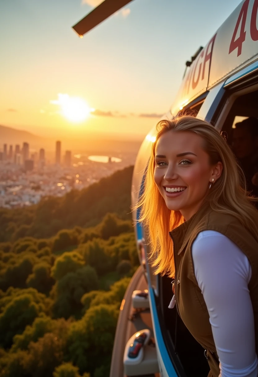 This is a vibrant, high-resolution photograph capturing a joyful moment during a scenic helicopter ride. The central subject is a young woman with fair skin and long, wavy blonde hair, smiling broadly and looking out the open door of the helicopter. She is wearing a white shirt and a brown vest, suggesting she is part of a tour group. Her hair is slightly tousled by the wind, and she appears relaxed and content.

The helicopter, positioned in the upper right corner of the image, is a sleek, modern model with a white and blue color scheme. The helicopter's rotor blades are spinning, and the sun's reflection on its surface adds a glistening effect. The sun, a large, bright orb, is low on the horizon, casting a warm, golden light that bathes the scene in a serene, golden hue.

In the background, a sprawling cityscape is visible, with a mix of urban and natural elements. The city is bathed in the golden light of the setting sun, and the horizon is dotted with low-lying clouds. The foreground is lush green hills and valleys, adding depth and texture to the landscape. The overall mood is one of adventure, beauty, and tranquility. M1K4YL4