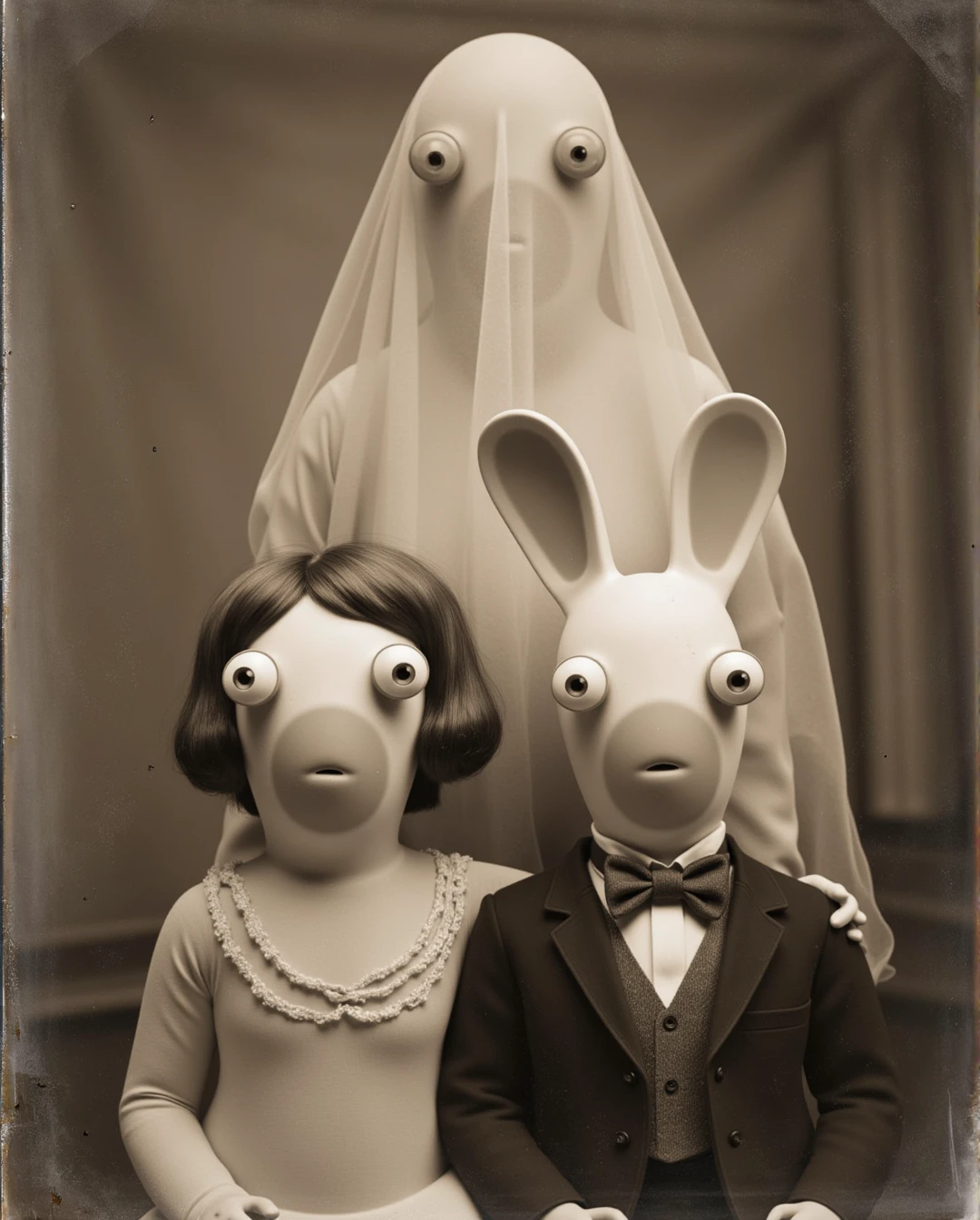 Old Postcard, A faded, sepia-toned photograph of a couple of rabbids, a female with wig and a male seated side by side, dressed in formal, old-fashioned attire. Behind them, a ghostly, translucent figure looms, draped in a long veil, with a hauntingly pale face and wide, eerie eyes. The spectral figure appears to be floating, adding an unsettling, supernatural element to the otherwise ordinary portrait. The photograph shows signs of age, with scratches and imperfections, enhancing the mysterious and eerie atmosphere, as if capturing a moment from an otherworldly encounter. The image evokes a haunting, ethereal quality, reminiscent of old spirit photography.