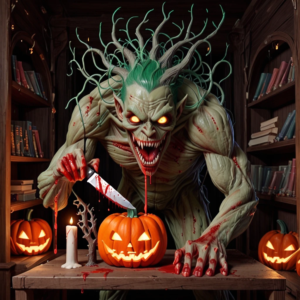 eyes, book shelf with evil thing on, green hair, back of head and body branching out like a tree, holding a bloody knife, pumpkin carved head on a human body, grinning insanely and bearing teeth, bookshelf with candles and strange things, mouthy dripping blood, demonic muscular creature made of root like tendrils, demonic goblin-like creature, bald