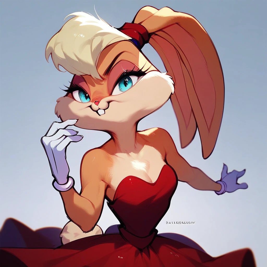 score_9, score_8_up, score_7_up, score_6_up, score_5_up, score_4_up, lola bunny, furry female, wearing a red dress