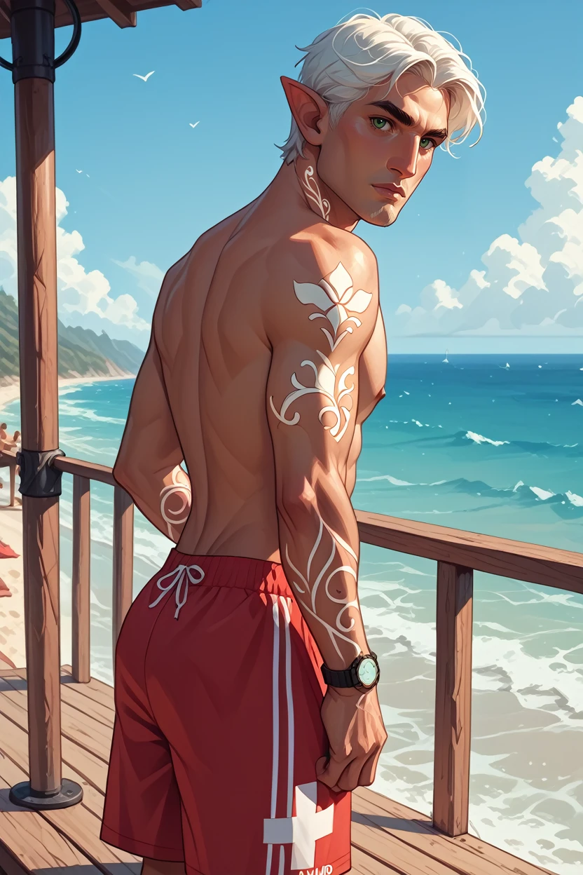 score_9, score_8_up, score_7_up,
<lora:DA2Fenris:0.8>
DA2Fenris, 1boy, white hair, green eyes, white tattoo, pointy ears, looking at viewer, sitting on a lifeguard stand, looking out over the beach, red swim trunks, calm ocean, sun just above the horizon, watchful and serene