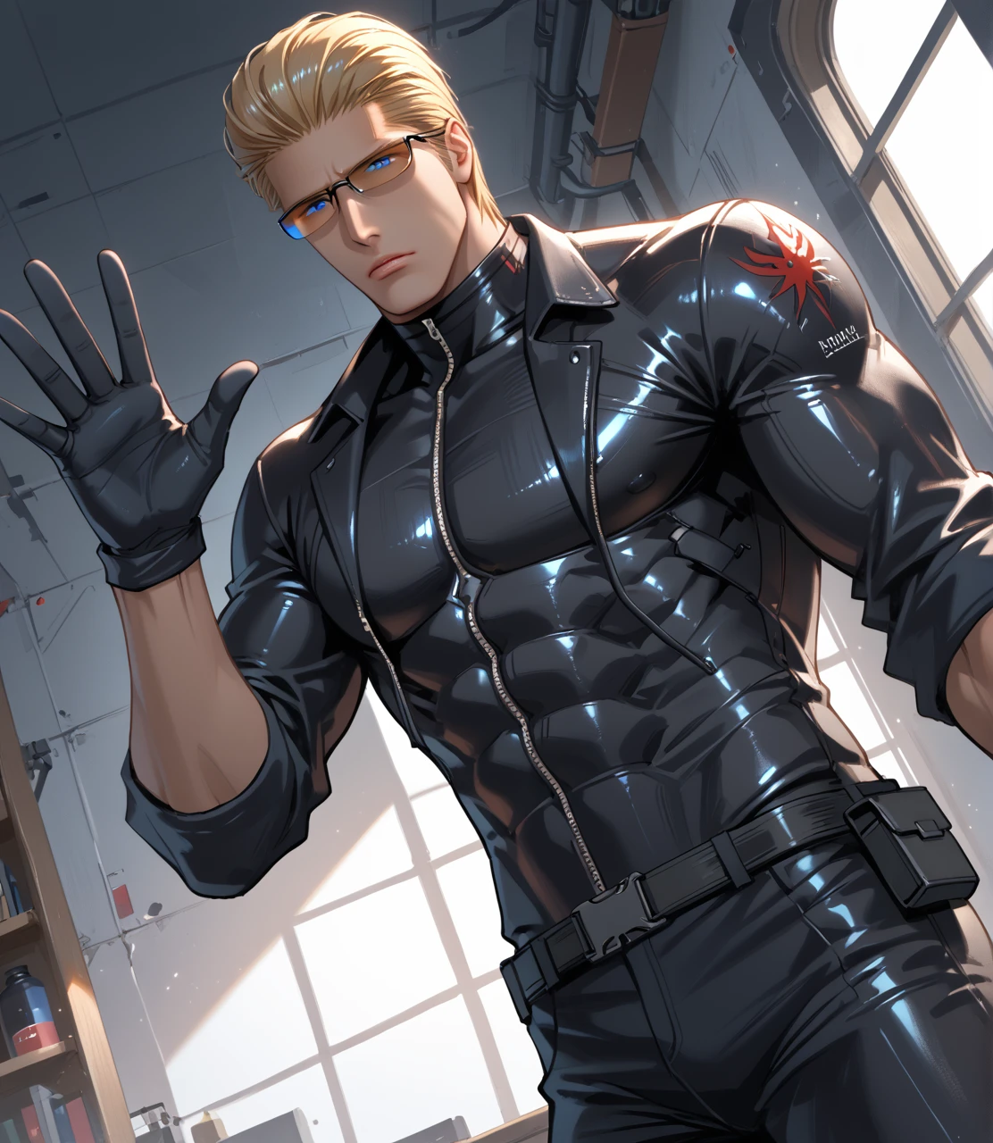 PonyScores7, source_anime, ah1, <lora:Cassis_Style:1>, BREAK <lora:albertwesker-guy-PONYv1:0.8> albertwesker, albert wesker, 1boy, blonde, black gloves, (sunglasses:1.3), belt, black coat, black pants, looking at viewer, toned, athletic, fit, slicked back hair, black turtleneck, zipper, mature male, short hair, black boots, (Looming in a sinister silhouette against a dimly lit window), (in an attic, sleek and minimalist space filled with state-of-the-art technology and sleek futuristic design, Holographic displays project images into the air, while sleek chrome furniture and LED lighting create an otherworldly ambiance, A virtual reality simulator offers immersive experiences, allowing visitors to explore distant galaxies without ever leaving the comfort of the attic), ((waving arms in frustration expression)), (focused, intense glare, apatethic, contemptuous), blue eyes, (angular face, sharp_featured face), handsome, charming, alluring, BREAK <lora:xl_more_art-full_v1:0.2>, <lora:shinyskin2:0.2> glistening skin, <lora:aesthetic_anime_v1s:0.2>, <lora:Expressive_H:0.2> Expressiveh, <lora:hairdetailpxl:0.2> hairdetailpxl, <lora:EpicF4nta5yXL:0.2>, <lora:detailxl:0.2> detailxl, <lora:Fant5yP0ny:0.2>, best quality, amazing quality, best aesthetic, absurdres, <lora:expressive eyes:0.2> expressive eyes, <lora:eyedetailpxl:0.2> eyedetailpxl, illustration, Volumetric_Lighting, ultra-detailed, very aesthetic, intricate details, 8k, masterpiece, best_quality, BREAK (Dutch Angle view Extreme Close shot (focus on feet)), BREAK <lora:Eyes_High_Definition:0.3> EyesHD, Stable_Yogis_PDXL_Positives, AS-Adult, <lora:Complicated fantasy portrait - XL Pony V2.0:0.4>, bad-hands-5, AS-MidAged,