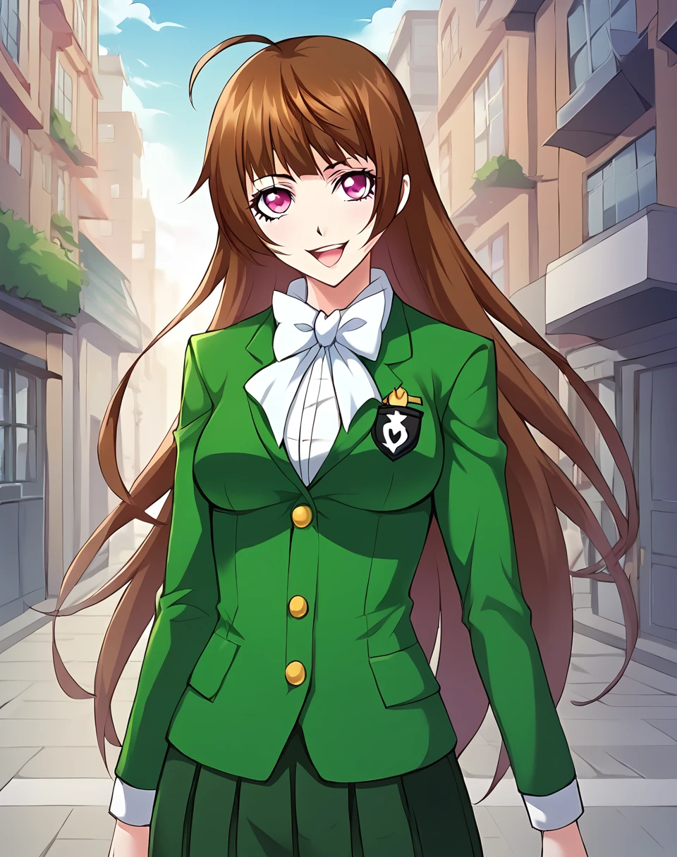 xiao_wu_manhua, teen, brown hair, very long hair, loose hair, pink eyes, academy uniform BREAK outdoors, city street, BREAK looking at viewer, sexy face, sexy smile, open mouth, cowboy shot, sexy pose, dynamic pose BREAK score_9, score_8_up, score_7_up, source_anime ,zPDXL, perfect hand,  <lora:Xiao_Wu:0.8>