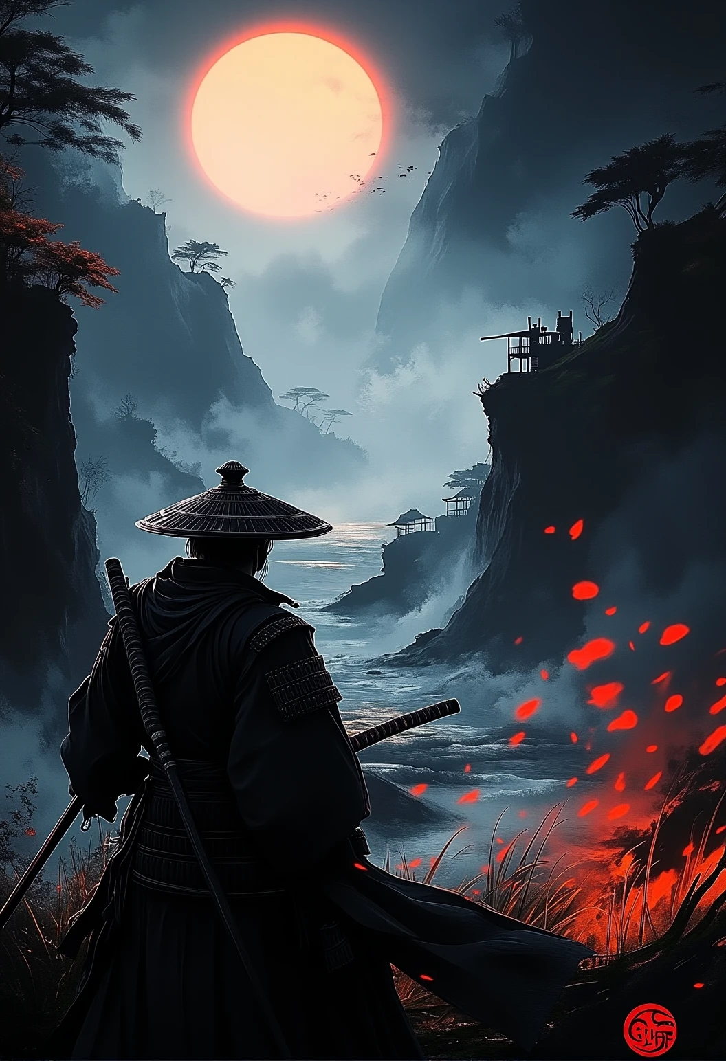 . A wide-angle shot of a male Samurai overlooking a coastal cliff in a stormy landscape with traditional clan symbols and dramatic shadows from a sunset., <lora:bv-crimson-ronin-style-v1.safetensors:1.0:1.0>