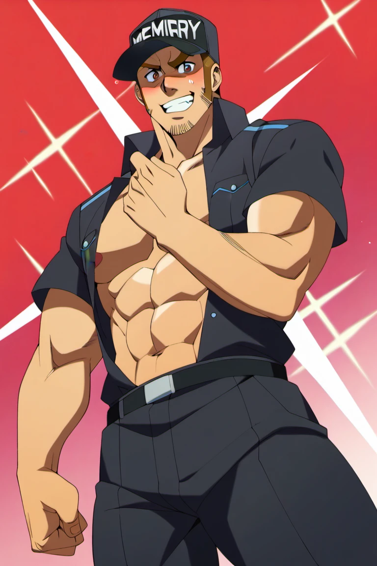 score_9, score_8_up, score_7_up, score_6_up, perfect anatomy, perfect proportions, best quality, masterpiece, high_resolution, high quality, best aesthetic, incredibly absurdres, highres, extremely detailed, huge filesize, mature, masculine, manly, virile, handsome, charming, alluring, bara, male focus, solo male, cowboy shot, dutch angle, source_anime \(Cells at Work! CODE BLACK\), anime coloring \Cells at Work! CODE BLACK\), Memory T Cell \(Cells at Work! CODE BLACK\), CaWBlMemoryTCell, brown hair, brown eyes, thick eyebrow, long sideburns, facial hair, stubble, CaWBKillerTCell_outfit, black cap, Killer T Cell cap \(Cells at Work\), Killer T Cell uniform \(Cells at Work\), black shirt, short sleeves, (open shirt, upen clothes, pecs, abs. partially unbuttoned pants), black pants. from below, low angle, blush, bashful, nervous, sweaty, awkward smile