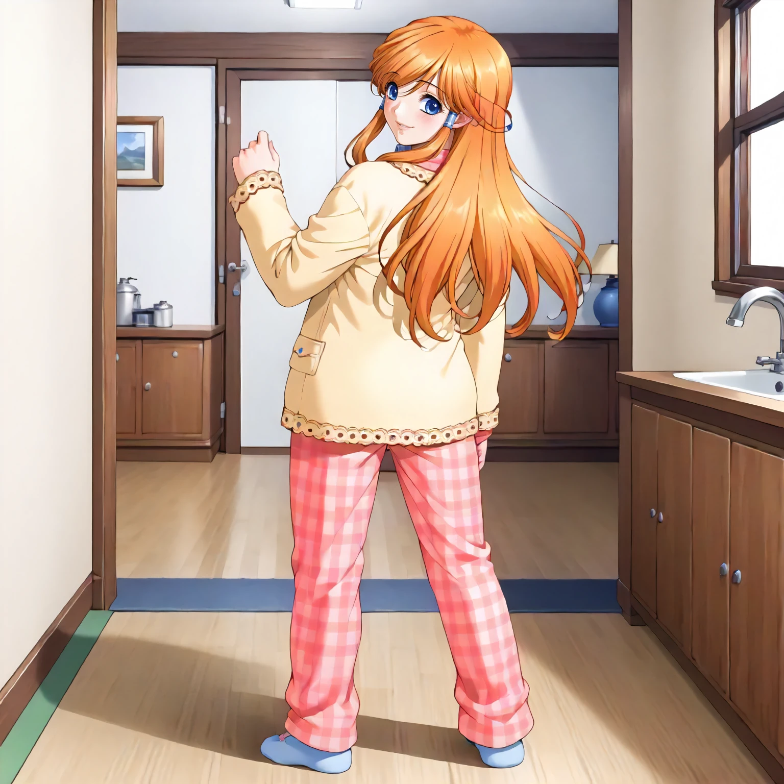 <lora:AtB_MikanHanamaruXLpony001>,
indoors,
smile,
solo,
MikanHanamaru,1girl,orange hair,long hair,hair tubes,blue eyes,
pajamas,plaid shirt,yellow cardigan,
pink plaid pants,
full body,standing,looking back,