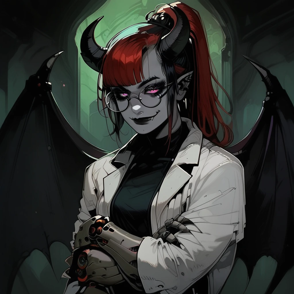 score_9, score_8_up, score_7_up,  beautiful, cowboy shot, <lora:SophraxiaHornyscientist:1> 1 girl, SophraxiaHornyscientist, lab coat, white coat, goth, goth girl, demon girl, grey skin, succubus, horns, mechanical arm, robot arm, round glasses, red hair, ponytail,  wings, bat wings,