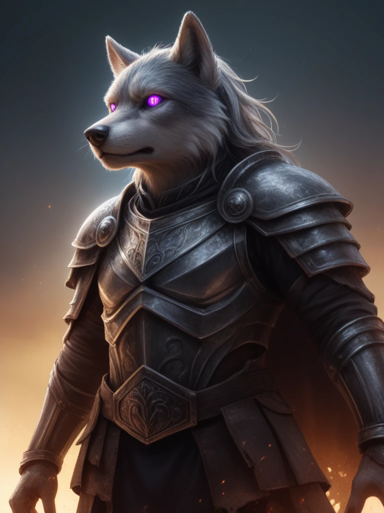 realistic, realism, real,
very aesthetic, intricate details, extreme detail, abstract, surreal,
dynamic lighting, ray tracing, extreme contrast,
warrior, vagabond, cloak, damaged armor, dirty, embossed armor, iron armor,
Jack Nguyen, elden ring,
(Solo), male, anthro, (grey wolf), long hair, purple eyes, dark Grey hair, muscular, war-torn, scared, bloody, dirty fur,
headshot, closes up, view from below, looking at viewer,
Detailed face, Detailed eyes, detailed face, 
background: moonlight, stars, small moon, grim, 
no humans,