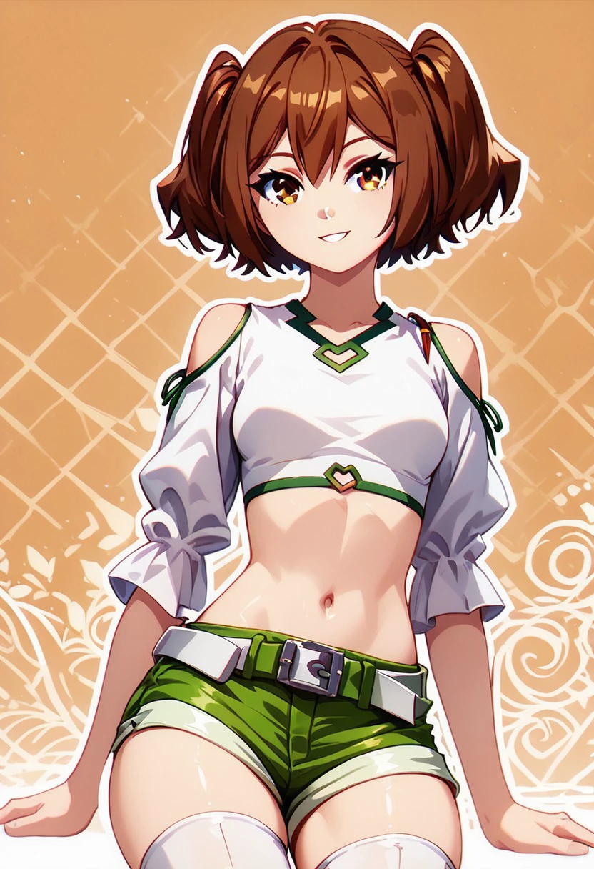 score_9, score_8_up, score_8, medium breasts, (curvy), cute, eyelashes,       BREAK, , 
,,,
zzKanne, short hair, brown hair, twintails, brown eyes,  shirt, thighhighs, navel, bare shoulders, white shirt, short sleeves, midriff, belt, white thighhighs, crop top, short shorts, clothing cutout, shoulder cutout, green shorts,
,,,
smile, looking at viewer, 
,,,
abstract background, white outline, cowboy shot, 
,,,
zPDXL, Expressiveh,