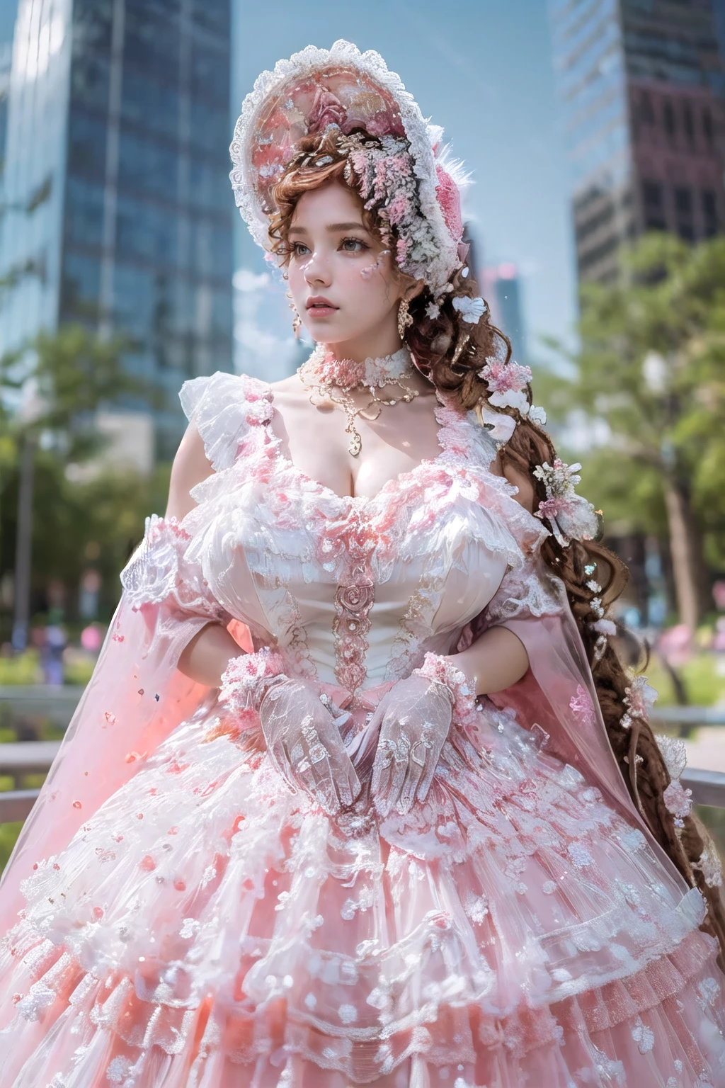 (masterpiece, best quality:1.2),illustration,8k,hd,1girl,solo,brown hair,long hair,cowboy shot,
jlxz,pink dress,jewelry,frills,hair ornament,bonnet,pearl necklace,long dress,pink ribbon,frilled gloves,lace gloves,pink glove,pink bow,
(collarbone:1.2),large breasts,saggy breasts,(cleavage:1.2),extremely detailed dress,(outdoors,skyscraper:1.5),