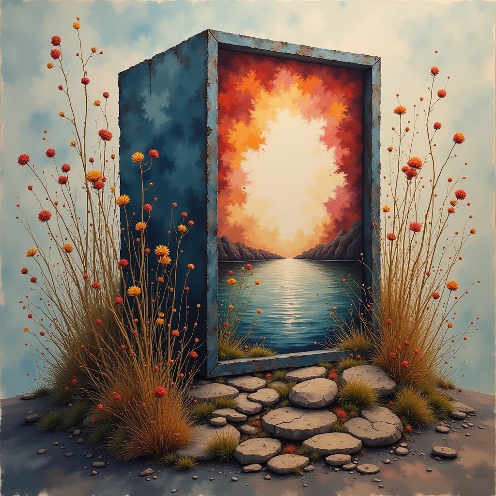 Spiritual cube with portal on reeds ground, palette, vintage