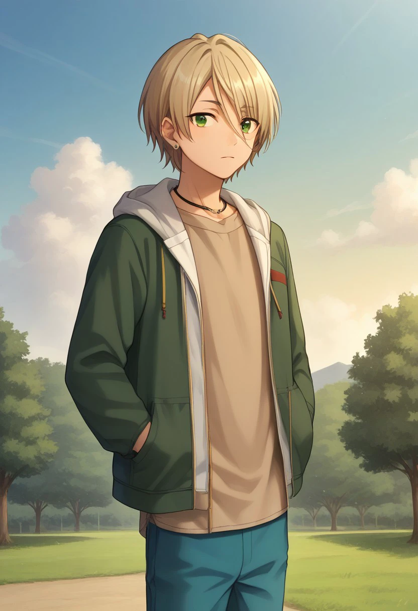 score_9, score_8_up, score_7_up, source_anime, highly detailed, 
shiratori, 1boy, male focus, solo, blonde hair, hair between eyes, short hair, green eyes, shirt, brown shirt, jacket, green jacket, open jacket, open clothes, hood, drawstring, long sleeves, pants, blue pants, jewelry, earrings, necklace, slender, skinny,
outdoor, sky, cloud, tree