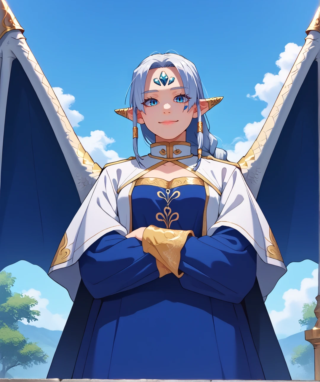 score_9, score_8_up, score_7_up, score_6_up, source_anime,outdoors, castle, fantasy, 
BREAK
soldrake, pointy ears, long hair, braid, wings, solo, white hair, forehead jewel, single braid, 1girl, blue eyes, robe, blue dress, ear covers, dress, long sleeves, jewelry, dragon wings, cape, braided ponytail, hair tubes, blue hair, closed mouth, white cape, facial mark, forehead mark, looking at viewer,smile, cleavage, medium breasts,standing, crossed arms, 
<lora:soldrake-ponyxl-fandingo:0.8>
<lora:mugiotoko2:0.8>