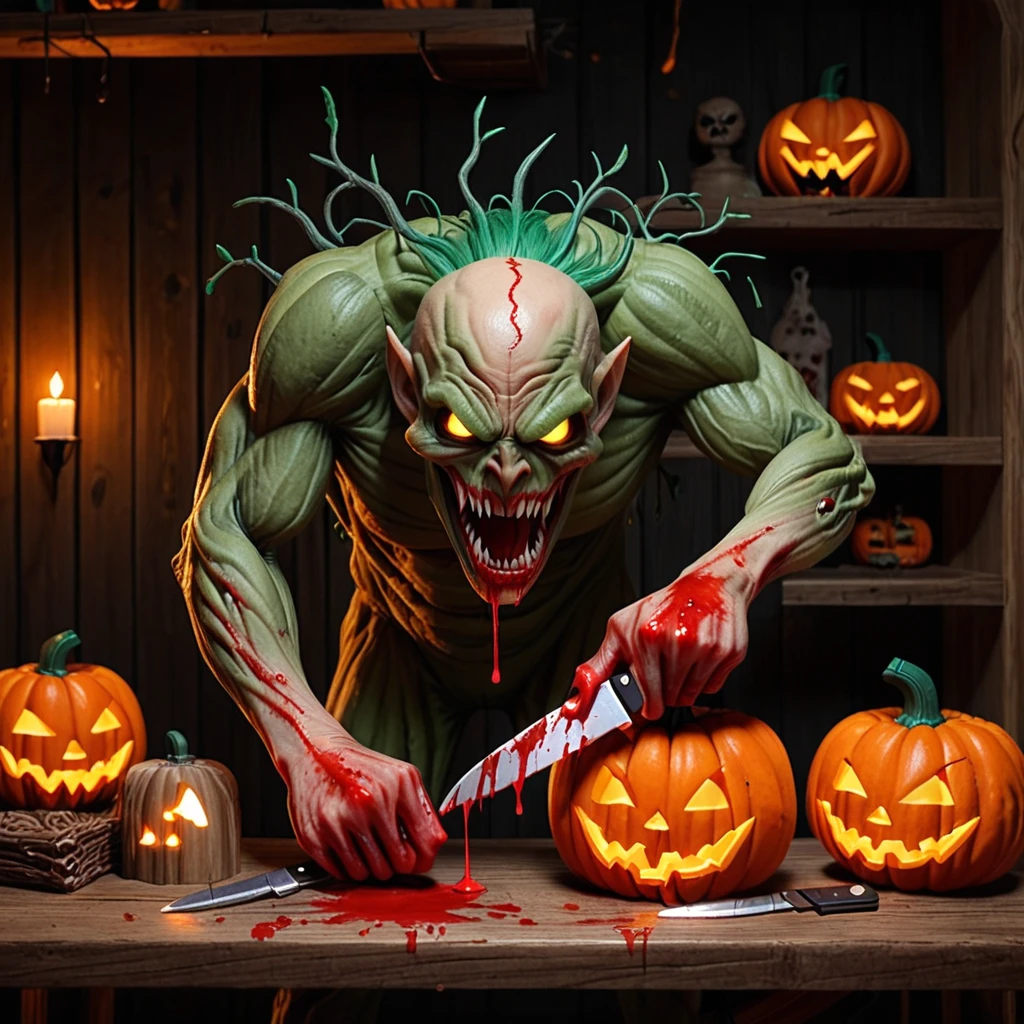 bald, sharp knife ready to slice jack o lpantern, roaring, behind old wooden table, lit jack o lantern on shelf, knife dripping blood in hand, mouth wide open, green hair, creature looks like a demon goblin, small branch-like wooden hair, sitting at a wooden table, eyes