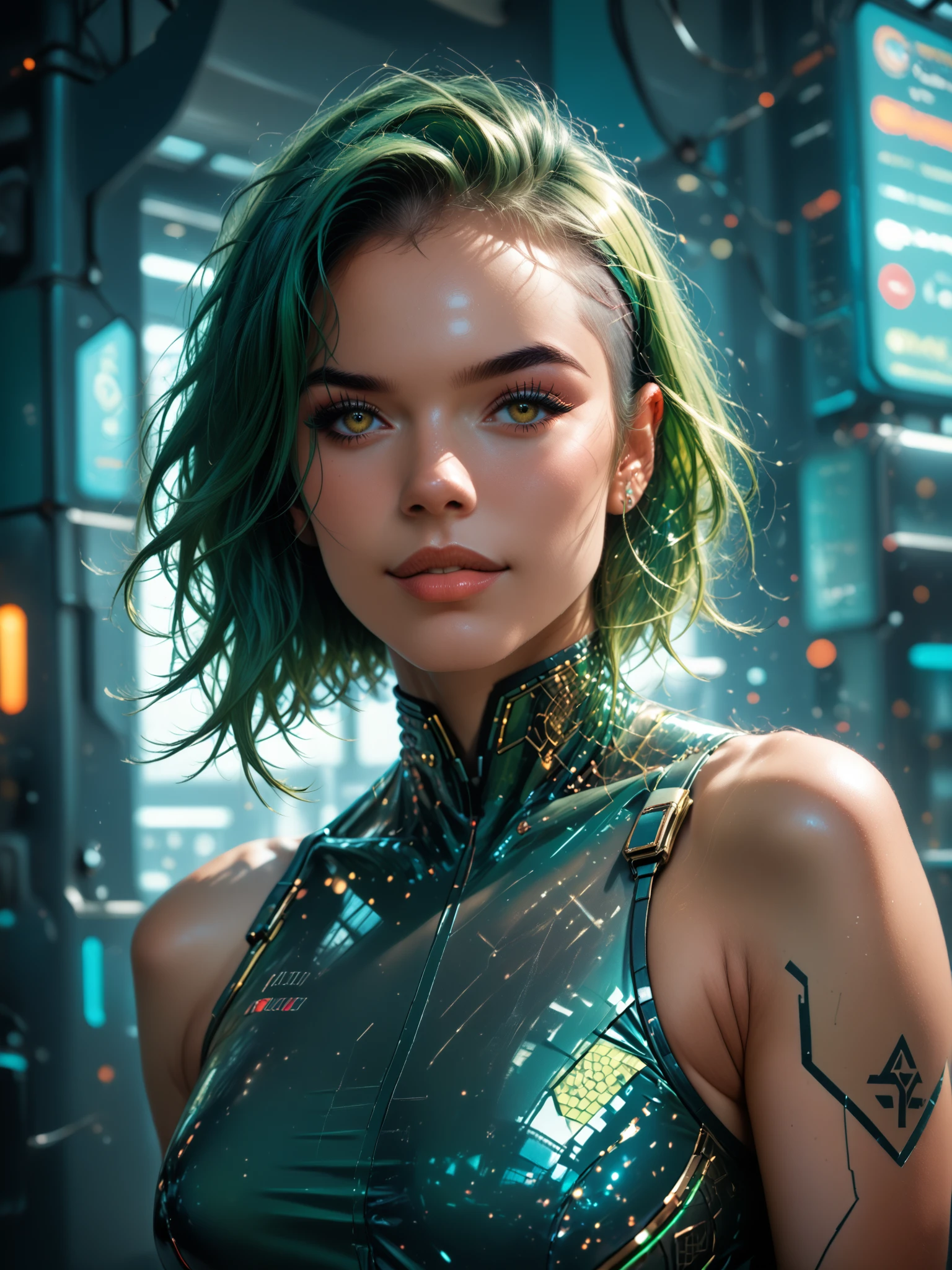 score_8_up, score_7_up, real portrait of 1girl, green hair, intricate futuristic clothes, posing, confident, perfect contrasts,  <lora:Female-portrait-Illustration_ponyXL_LOREVER:1> femillustration