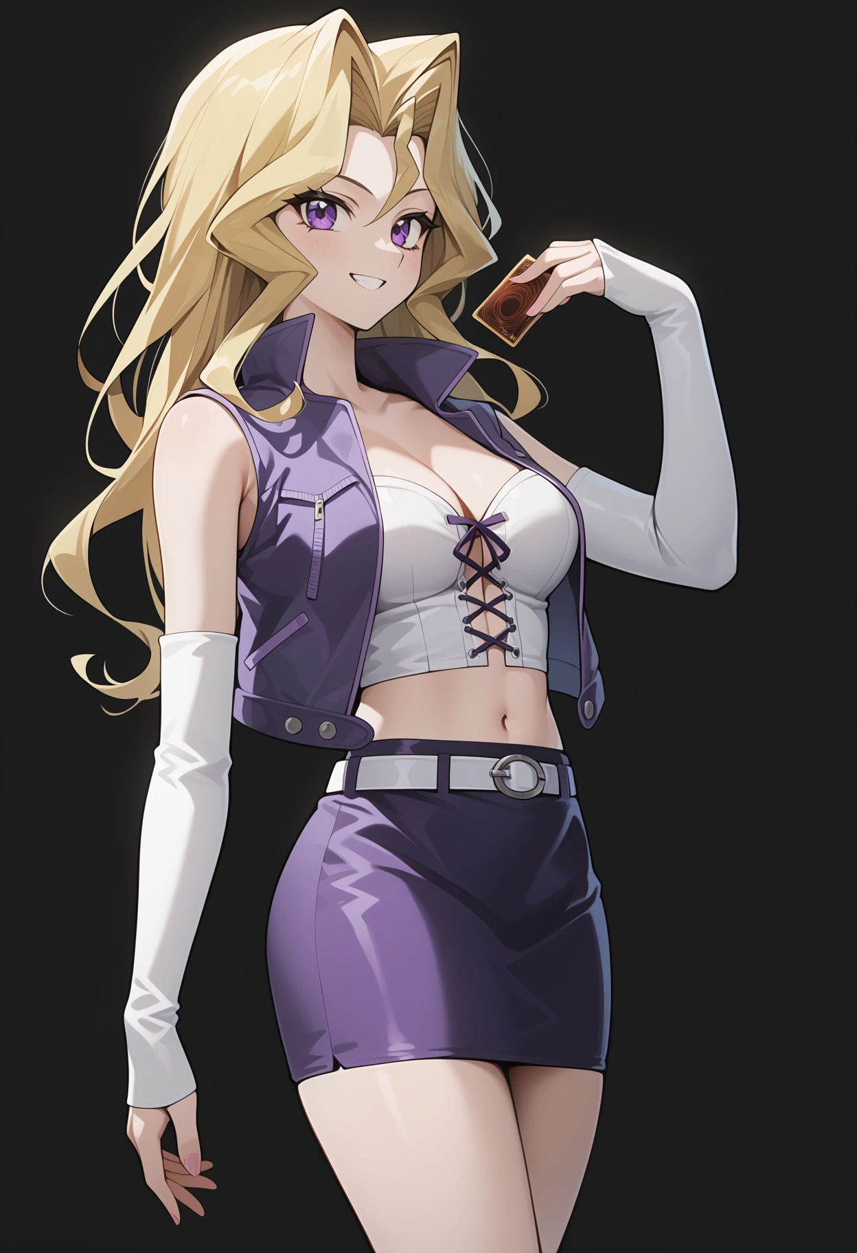 score_9, score_8_up, score_7_up, score_6_up, score_5_up, score_4_up, source_anime, aamai, long hair, blonde hair, purple eyes, breasts, cleavage, crop top, white shirt, cross-laced clothes. cropped jacket, purple jacket, open jacket, sleeveless, detached sleeves, white sleeves, midriff, white belt, miniskirt, purple skirt, thighs,<lora:kujaku_mai_ponyxl_v1:0.9>, holding card, standing, cowboy shot, smile, black background,