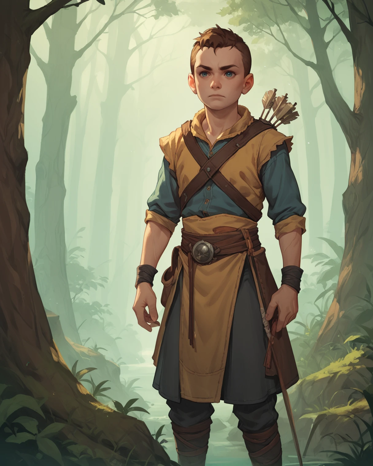 score_9, score_8_up, score_7_up, score_6_up, score_5_up, score_4_up,   <lora:Atreus_God_Of_War_Pony:0.6> atreus, 1boy, brown hair, bow, crouch, hunt in forest