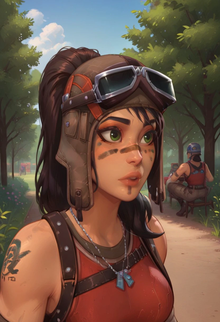 masterpiece,best quality, highly detailed, score_9, score_8_up, score_7_up, score_6_up, 
BREAK, 1girl, Renegade Raider, facepaint, necklace, bandaid on face, helmet, ponytail, standing, park, outdoor