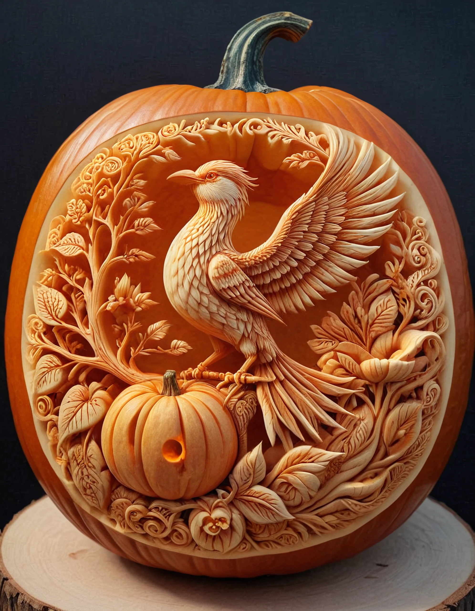 pumpkarv, carved pumpkin art of a paradise bird