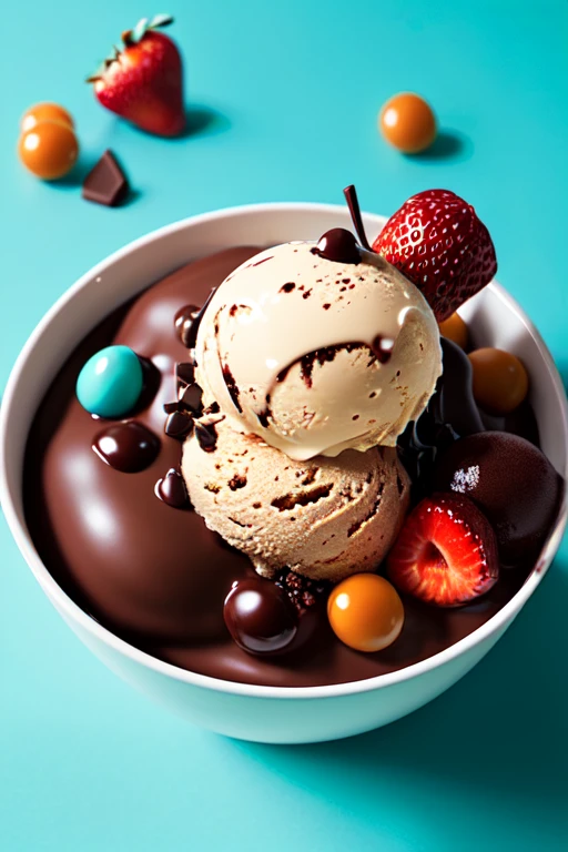 explosion of fruits and dark chocolate ice-cream, high detail, very realistic, bright environment