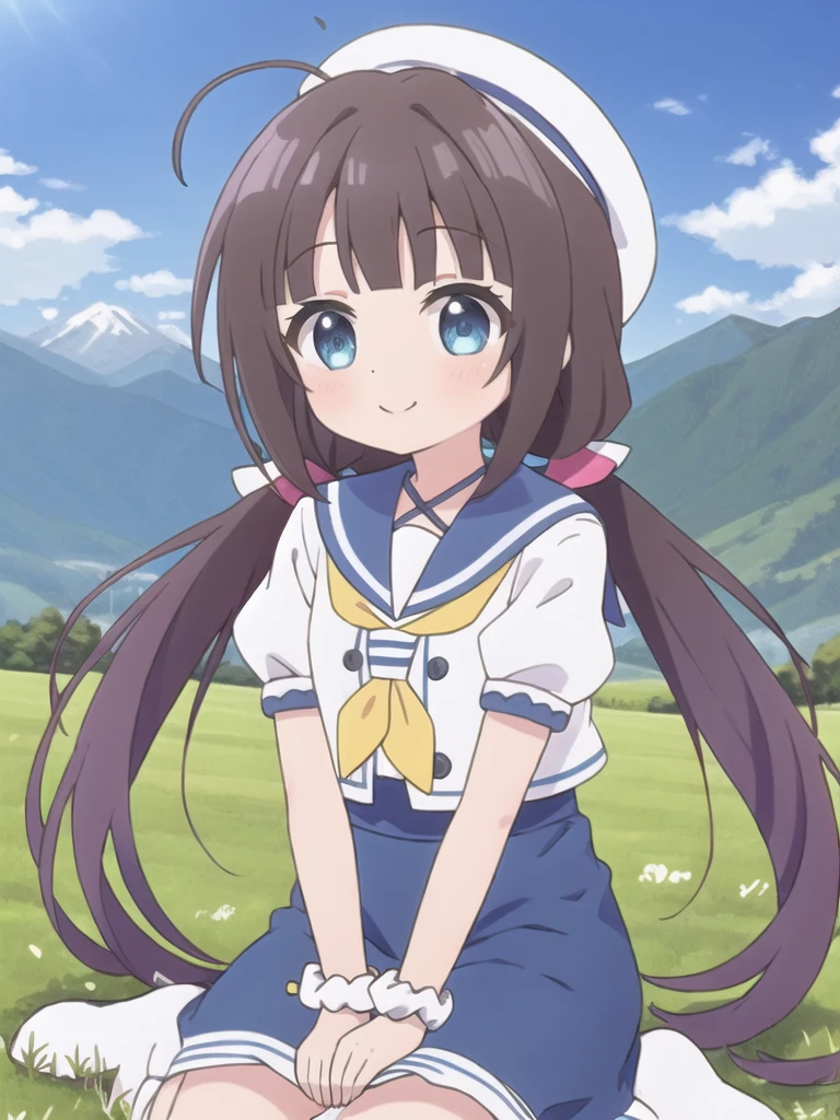 1girl,hinatsuru ai,solo,blue eyes,low twintails,ahoge,white beret,hair ribbon,summer_sailor_collar,neck strap,yellow neckerchief,puffy short sleeves,layered sleeves,white wrist scrunchie,blue skirt,smile,grass,mountain,<lora:Hinatsuru ai-summer_lora_2024.10.13-version1:0.5>,