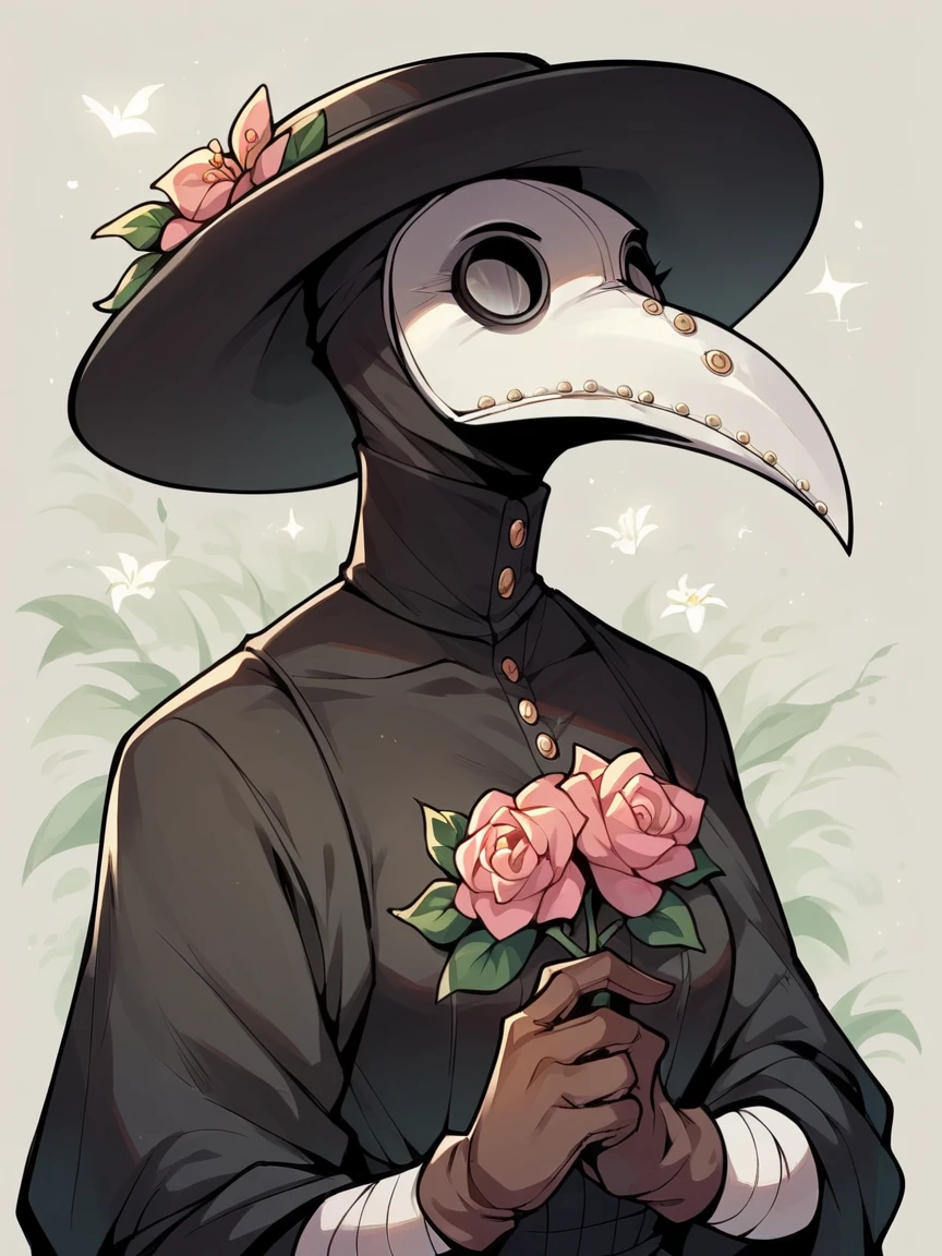 score_9, score_8_up, score_7_up, score_6_up, score_5_up,   <lora:PlagueDoctorXLP:1> plague doctor, mask, hat, solo, gloves, dress, 1girl, portrait, flower,