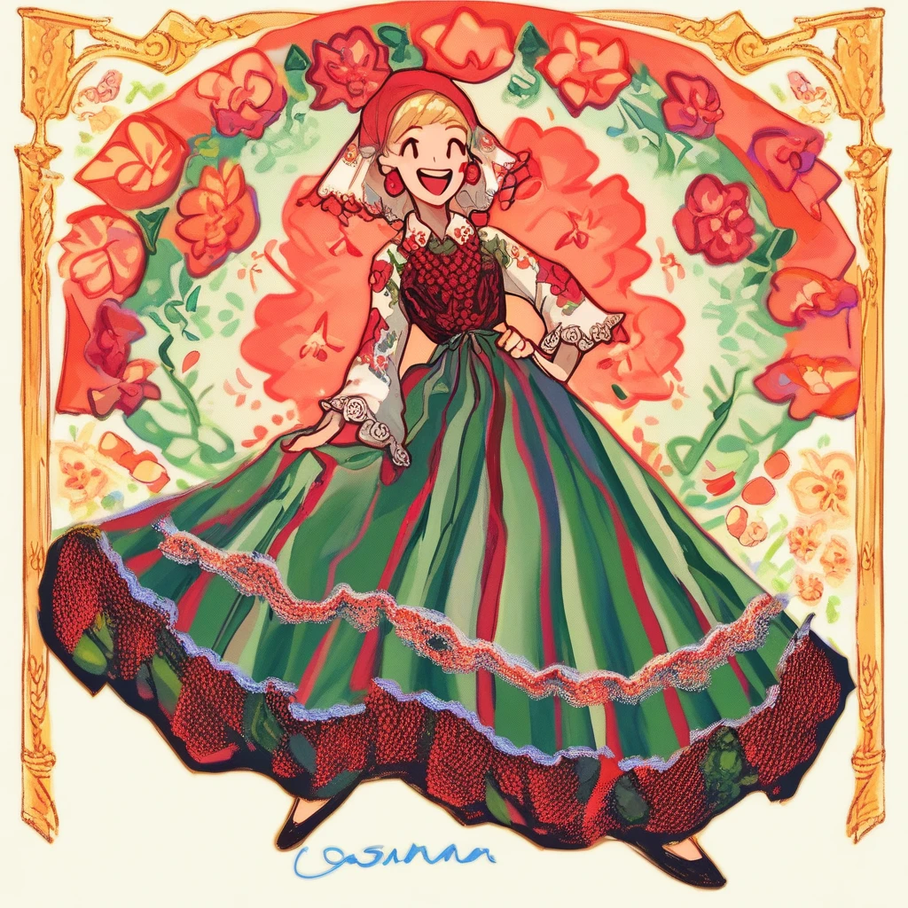 score_9, score_8_up, score_7_up, <lora:PolishDress:1> 1 girl, blonde, smile, happy, caucasian, beautiful, tradpolishdress, traditional clothes, floral print, skirt,