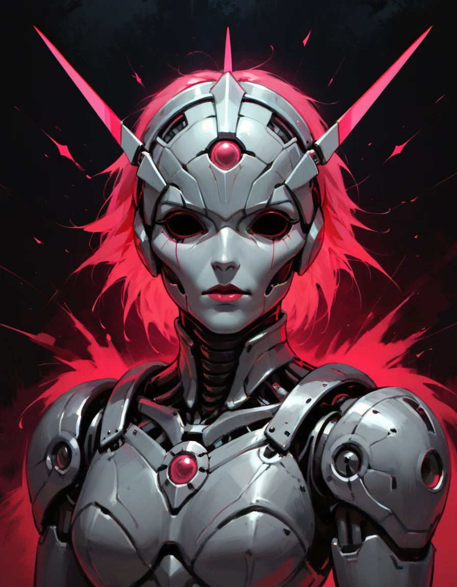 score_9, score_8_up, score_7_up,  hollow eyes, upper body portrait, humanoid robot figure set against a vibrant, electric background. The robot, depicted with a sleek, metallic body, Noble, proudly, defending, the armored knight stands tall, shield raised high, protecting their comrades with an aura of dignity and strength. <lora:Hollow_Eyes_Portrait_Pony:0.5>