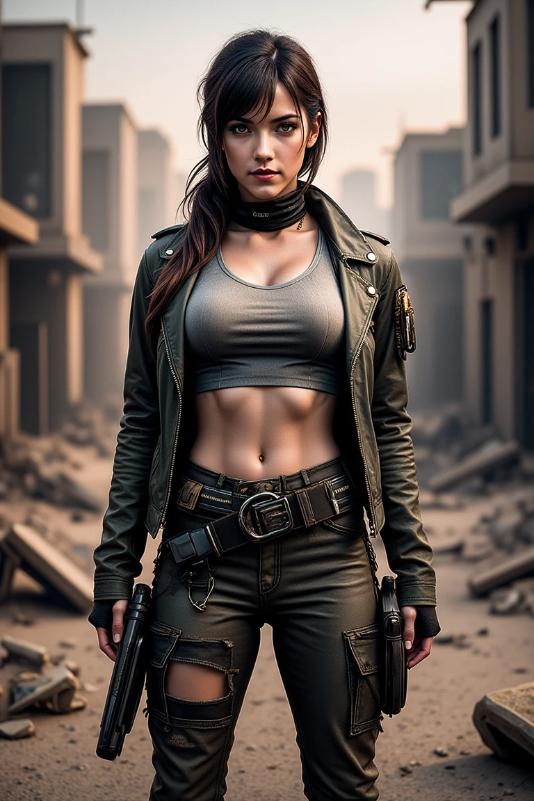 (Half-length portrait of a woman),


(In a rugged survival outfit featuring a fitted tank top paired with distressed cargo pants, accessorized with tactical gear and a worn leather jacket, combined with tousled hair pulled back and a fierce, determined expression, for a look of gritty resilience),
(Amidst a desolate, post-apocalyptic landscape with crumbling structures and dust swirling in the air, where the combination of practical clothing and harsh surroundings creates an atmosphere of urgency and survival:1.3),
(resilience:1.3),
(gritty, high contrast, muted colors, dramatic shadows, cinematic still:1.3),