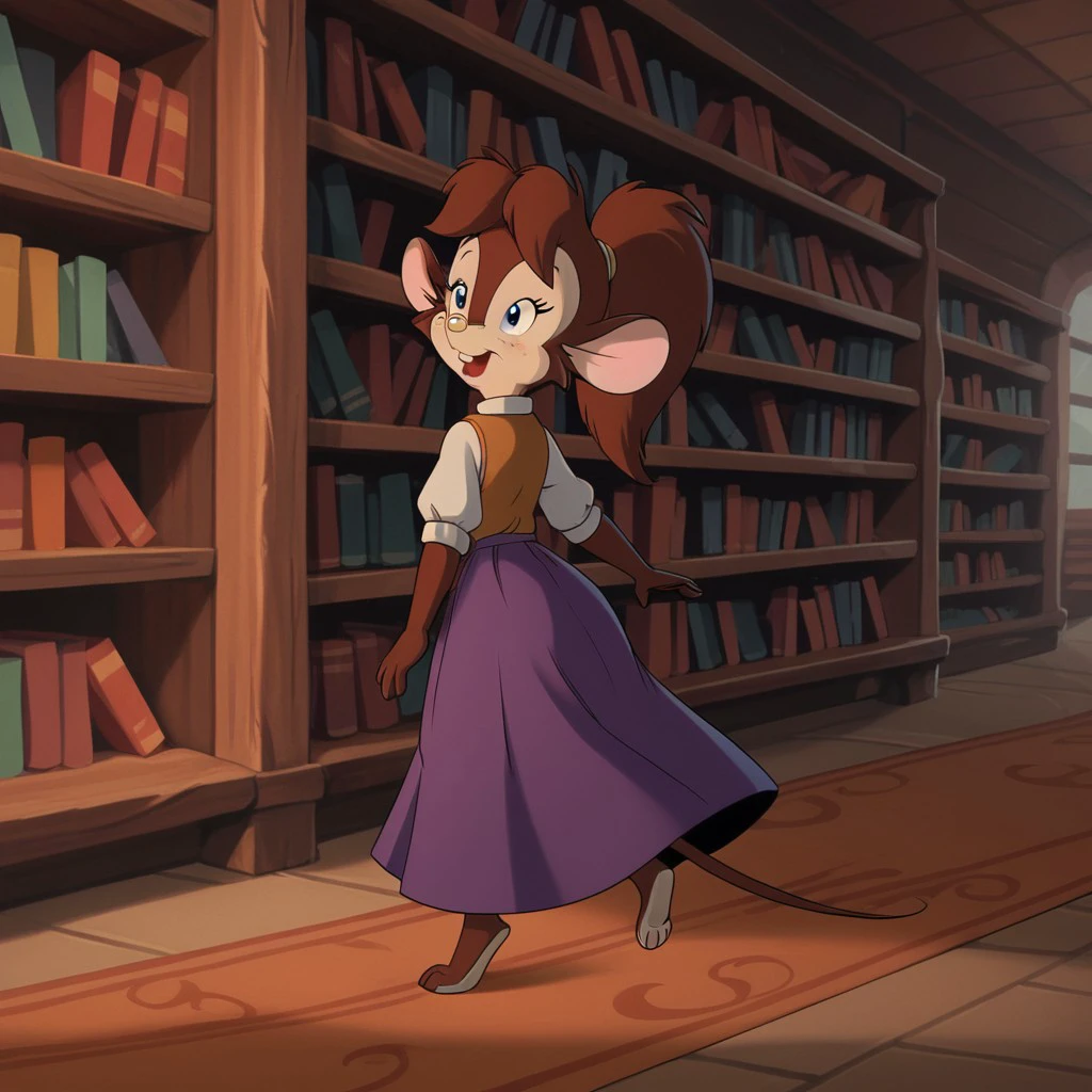 score_9, score_8_up, score_7_up, score_6_up, score_5_up, score_4_up, source_furry, tanyafgw, young anthro, female, mouse, brown fur, brown hair, ponytail,  full body, one 1girl, solo,  barefoot, white blouse, long purple skirt, in a library,, <lora:c76b4841-2a5d-484b-91cc-81ff17d7ae4b:0.7>