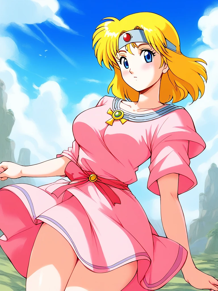 score_9, score_8_up, score_7_up, source_anime, rating_explicit, BREAK <lora:Sister_Ultima_Exodus_TG_XL:0.8>Sister_Ultima_Exodus, blonde hair,  blue eyes, medium hair, headband, circlet, breasts,
pink dress, pink skirt, blue line,
sky, day, fantasy,