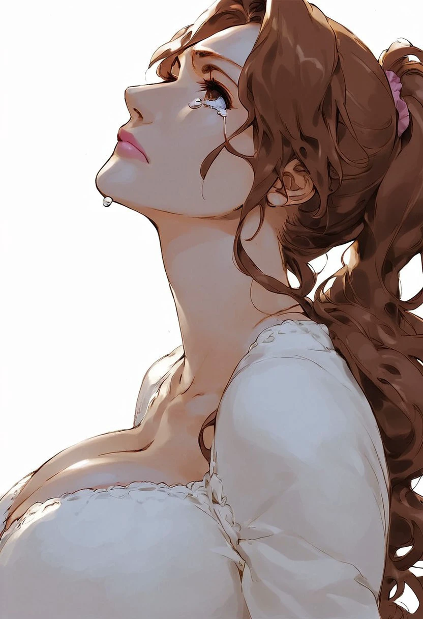 tite_kubo_style, 1girl,score_9, score_8_up, score_7_up, , Kurosaki Masaki, solo, 1girl, brown hair, facing up, tears, breasts, ponytail, long hair, white background, cleavage, side portrait, side profile, facing up, looking up long hair, wavy hair, large breasts, large breasts, closed mouth, pink lips