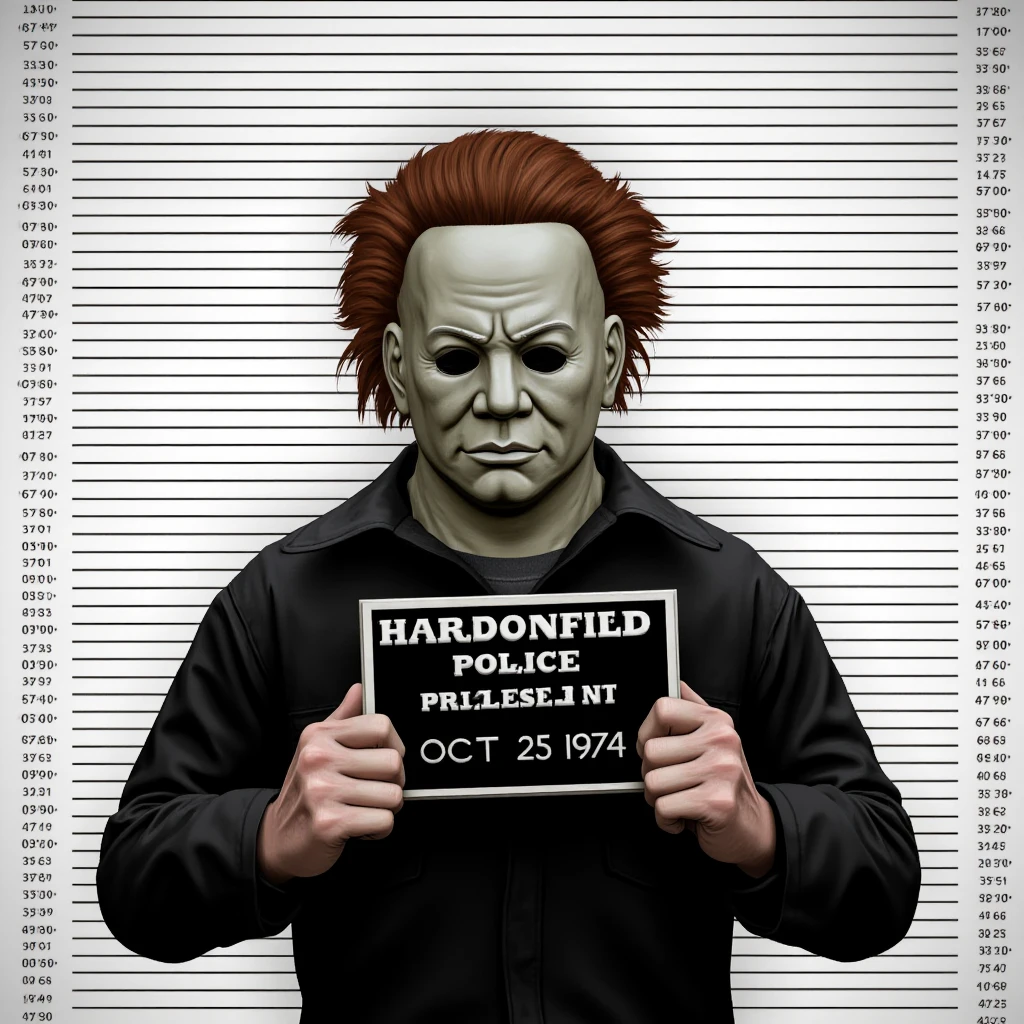 <lora:Mugshot style v1:0.9>
A Mugshot photo of Michael Myers a man holding a sign that says haddonfield police dept oct 25,1970 behind a mugshot wall,solo,brown hair,long sleeves,1boy,holding,male focus,english text,sign,holding sign ,  mugshot style