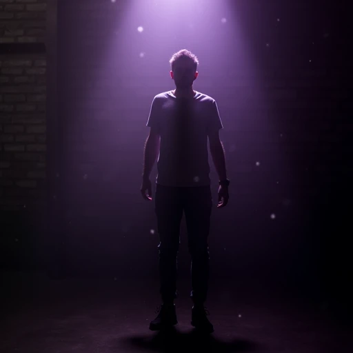 d4rk_m00dy scene set in a dimly lit industrial space with brick walls barely visible in the background. A lone figure stands holding a bright,  light source that casts dramatic contrasts between light and shadow. The ambient atmosphere is mysterious, with floating dust particles and a grainy, cinematic texture. The figure's face and body are illuminated with soft light, creating a stark contrast with the surrounding darkness. The overall color palette is dominated by muted purples, blacks, and the glow of artificial light, evoking an eerie, atmospheric tone.