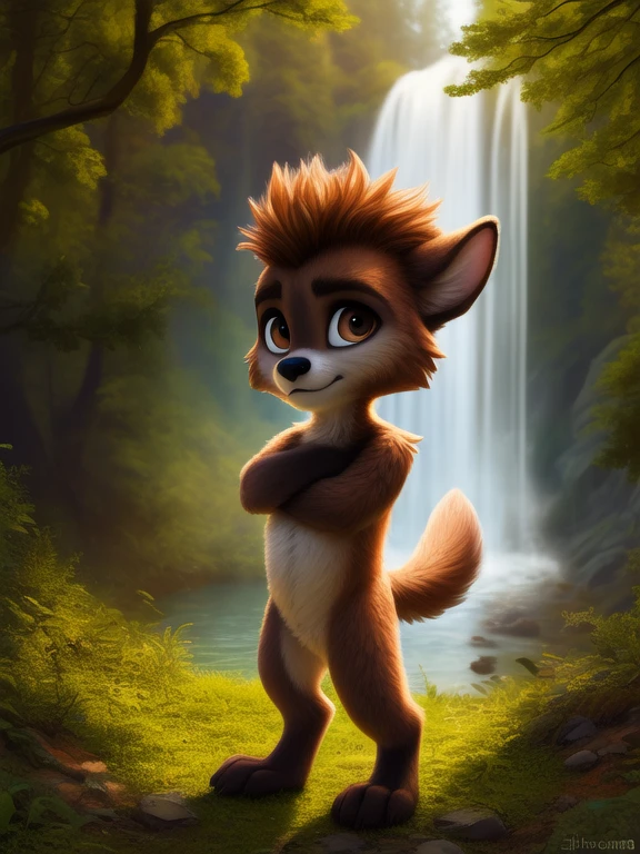 <lora:MaxWishMonYif:0.8> MaxWishMon, werewolf, brown fur, black nose, brown eyes, paws,tail, ( chibi, small body,) male,
Looks at the viewer, [ solo, nature, forest, day, clouds, waterfall, nude, naced,] standing,
beautiful, aesthetic, perfect, delicate, intricate, saturated colors, masterpiece, digital drawing, best quality,
by ulitochka, by taran fiddler, by Silverfox5213, by personalami,