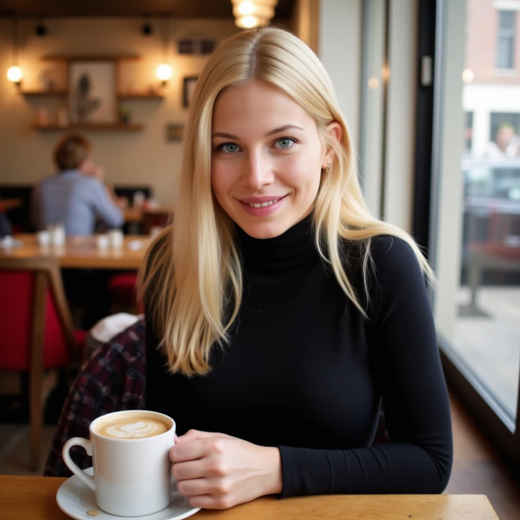 photo realistic, 30mm amateur photo without text and watermarks, natural detailed skin, blonde MDoroshina woman wearing a turtleneck dress sitting in a cafe having a coffee, looking at viewer, smiling <lora:MDoroshina_flux_v1:1.3>