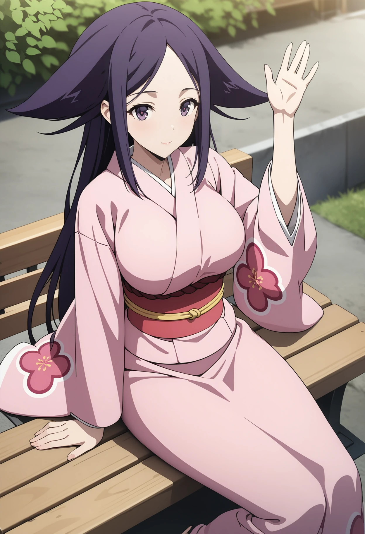 (masterpiece, best quality, very aesthetic, ultra detailed), intricate details, 4k, aaoharu, long hair, purple hair, hair flaps, purple eyes, large breasts, japanese clothes, print kimono, pink kimono, long sleeves, obi, sash, <lora:oharu_animagine_v1:0.9>, sitting, waving, bench, outdoors,