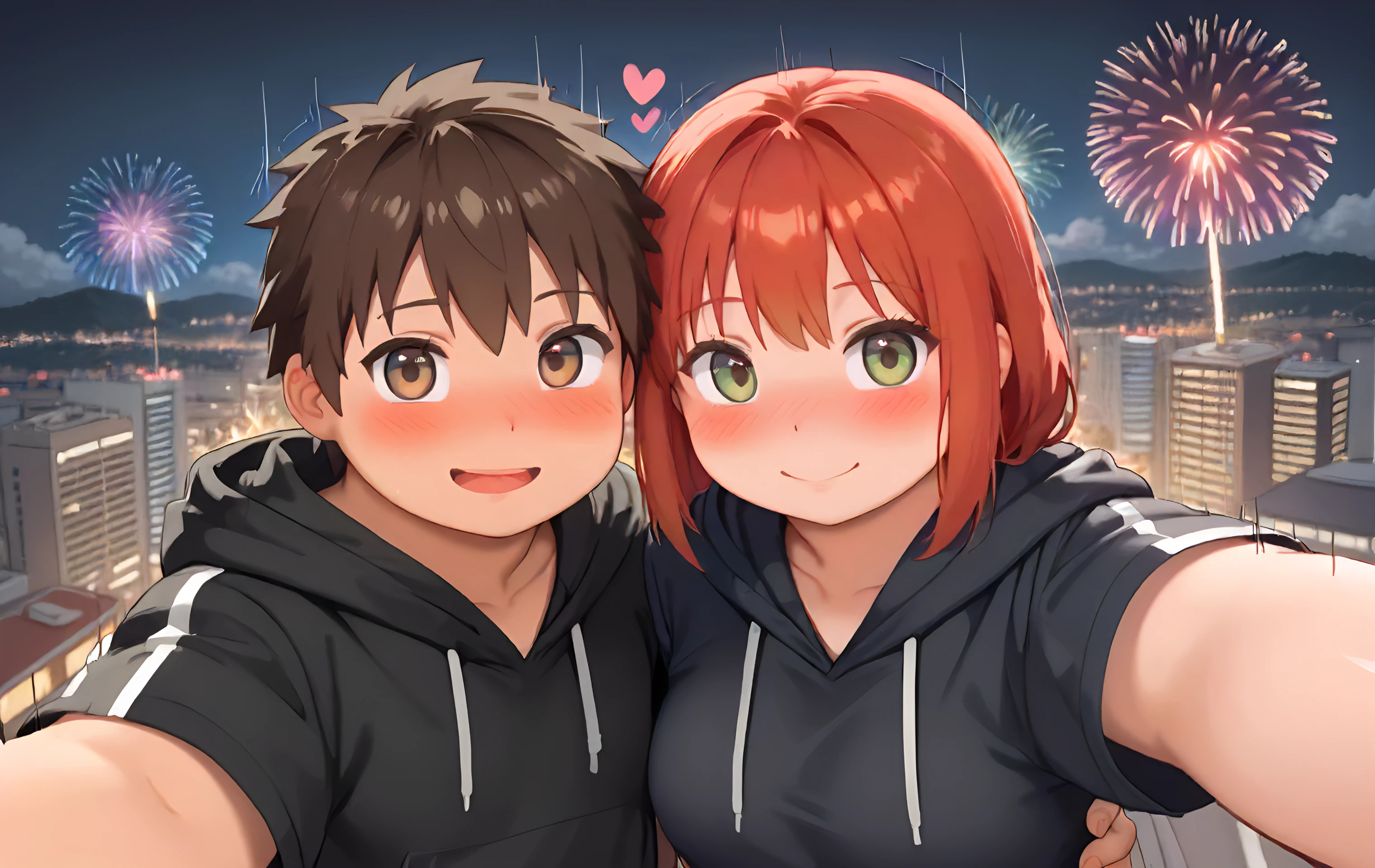 1boy,plump,fat,cowboy shot,brown hair, looking at viewer, happy,blush,black  hoodie, detailed face, detailed body,selfie,on city,fireworks, night time,1girl,blush,heart,shy,clouds,illustration, high contrast, masterpiece, best quality,red hair,cute,from above,couple,v,details,clenched theet,dynamic, dreamy masterwork,motion lines,