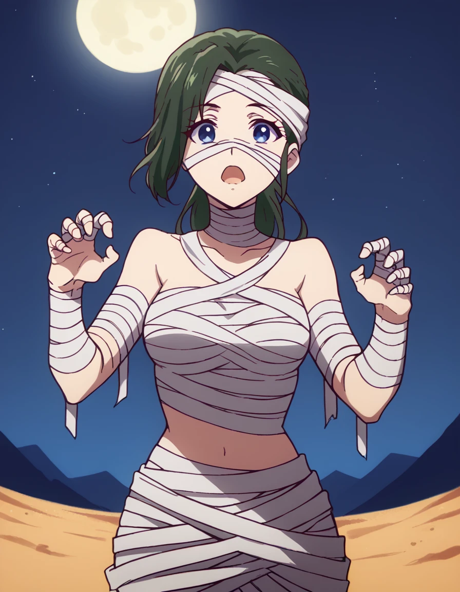 score_9, score_8_up, score_7_up, source_anime, <lora:haruhiko-mother-s1-ponyxl-lora-nochekaiser:1>, haruhiko mother, long hair, blue eyes, ponytail, green hair, medium breasts,, <lora:mummy-costume-ponyxl-lora-nochekaiser:1>, mummy costume, bandages, halloween costume, bandaged arm, zombie pose, bandage on face,, desert, moon, night, open mouth, , dutch angle, cowboy shot