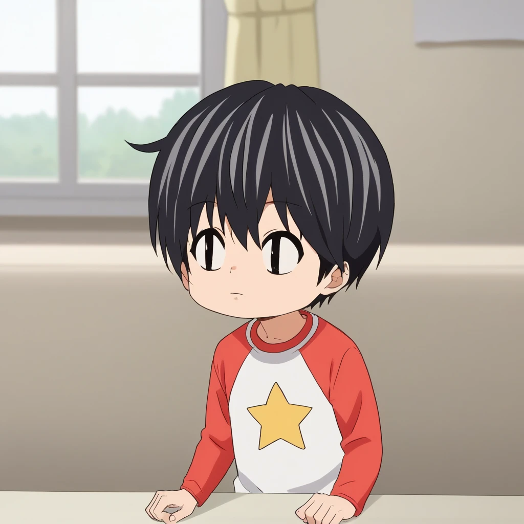 score_7_up, BREAK, Kotaro, 1boy, solo, black hair, black eyes, slim pupils, shirt, raglan sleeves, star shirt, upper body,  <lora:KotaroLivesAlone_PXL_Leaf4:1>, indoors, depth of field,