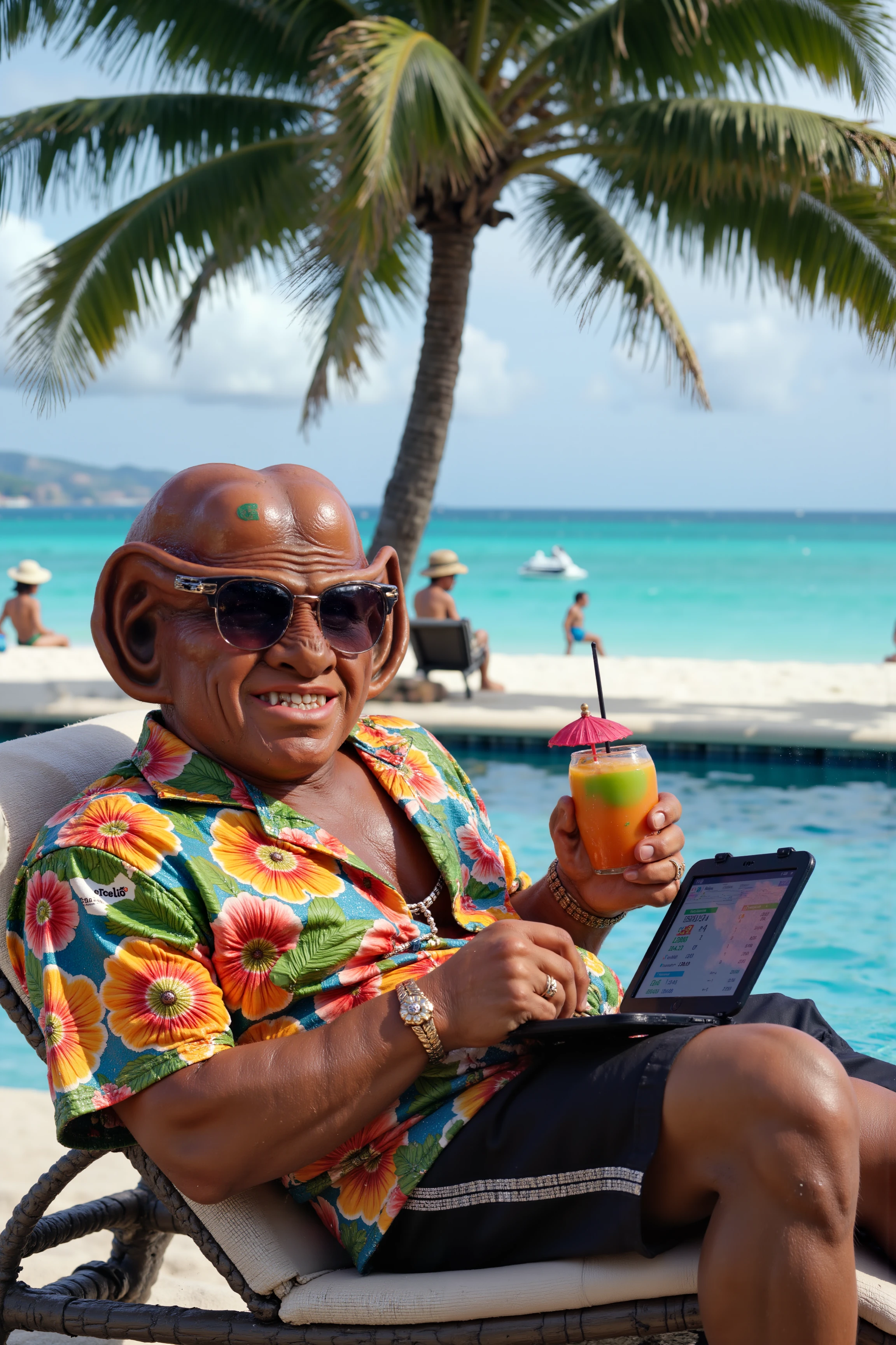 A Ferengi in a bright, Hawaiian shirt and oversized sunglasses lounges by the pool of a luxury resort, sipping a colorful, fruity drink from a coconut cup with a tiny umbrella. His large ears, slathered in sunscreen, glisten in the sun as he stretches out on the lounge chair, enjoying the sound of water splashing and humans chatting nearby. In his lap, a tablet displays fluctuating stock prices and vacation packages, and he occasionally taps it with a gold-ringed finger, placing bets on Earthâs most lucrative tourist destinations. Behind him, palm trees sway gently in the breeze, their leaves casting flickering shadows over the pristine pool. Other vacationers splash and laugh in the water, completely unaware of the Ferengiâs ever-working mind as he calculates the resortâs profit margins. The beach beyond the pool sparkles in the sunlight, and in the distance, jet skis race across the waves, sparking a new idea for an overpriced rental service. With a satisfied grin, he leans back, adjusts his sunglasses, and takes another long sip of his drink, already planning his next vacation-based venture.<lora:aidmaMJ6.1-FLUX-V0.1:0.6><lora:Movie_Portrait><lora:Flux DetailerV2><lora:ferengiV1_FLUX>